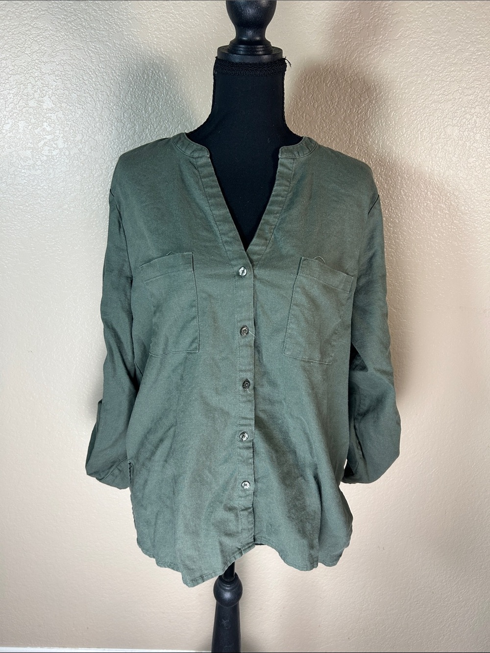 Nine West Olive Green Utility Button Front Shirt Size M